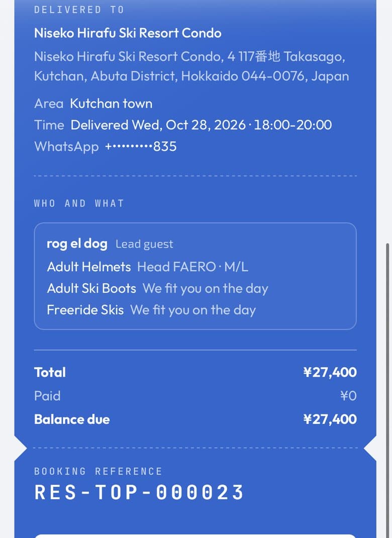 Rental booking pass with delivery details